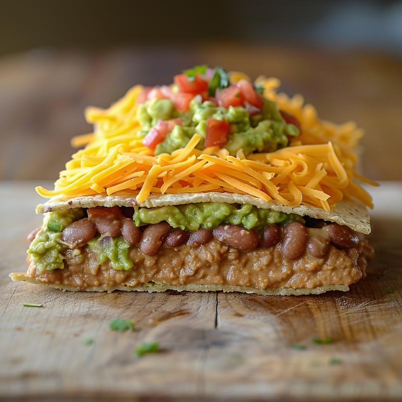 Close-up of a layered Mexican dip with beans, guacamole, sour cream, salsa, and cheese on a wood board.