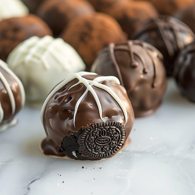 Close-up of Oreo football truffles on a white marble surface.