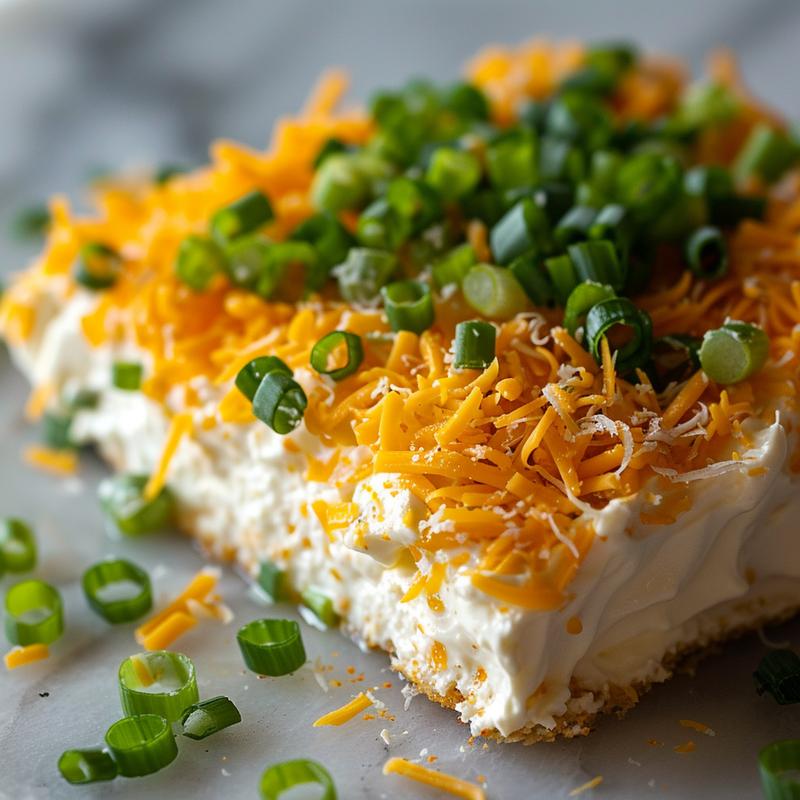 Creamy white dip with visible cheese and green onion on marble.