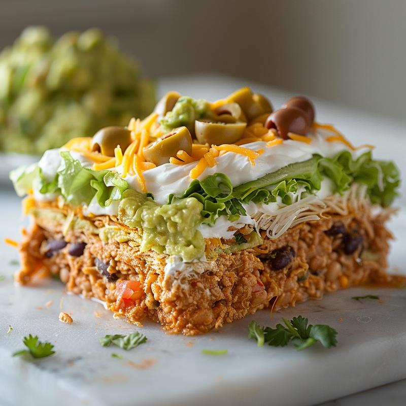 Close-up of seven-layer dip showing distinct layers of beans, guacamole, sour cream, and toppings.