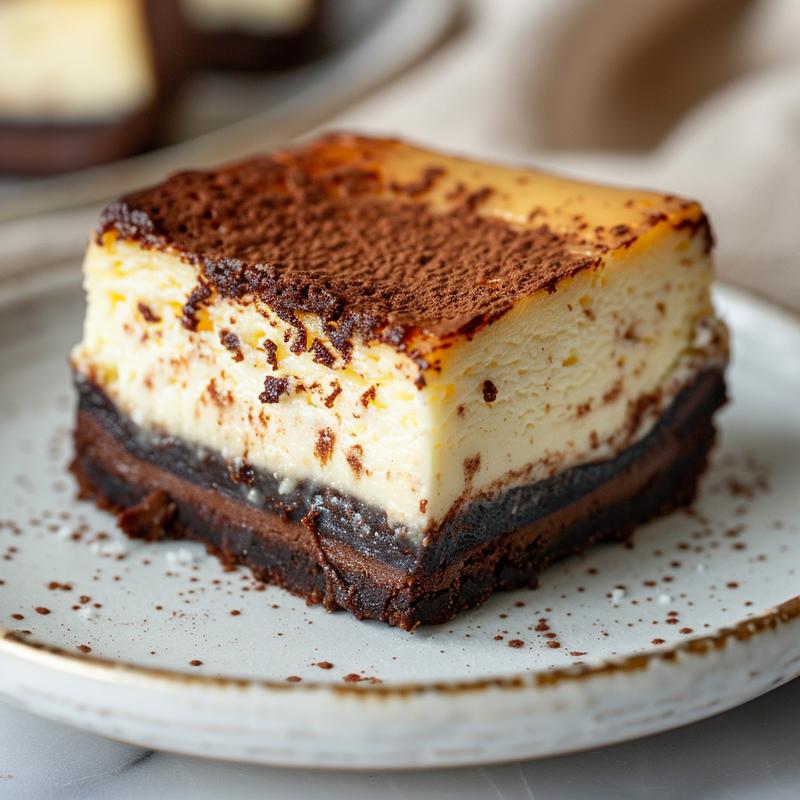 Close-up of a brownie bottom mini cheesecake bite on a white marble surface.