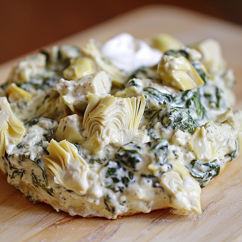 Close-up of creamy spinach artichoke dip with visible ingredients on wood.