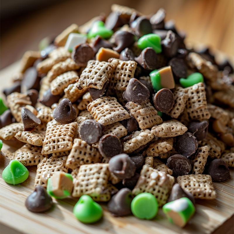 Close-up of Philadelphia Eagles puppy chow with Chex cereal, peanut butter, and green candy melts on a light wood board.