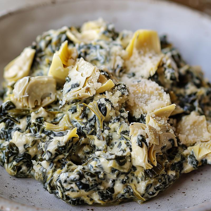 Close-up of spinach artichoke dip on a light grey plate.