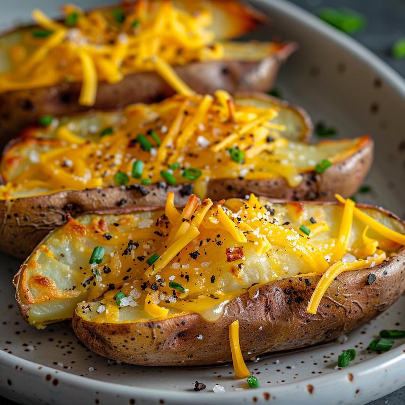 Close-up of cheesy baked potato skins.