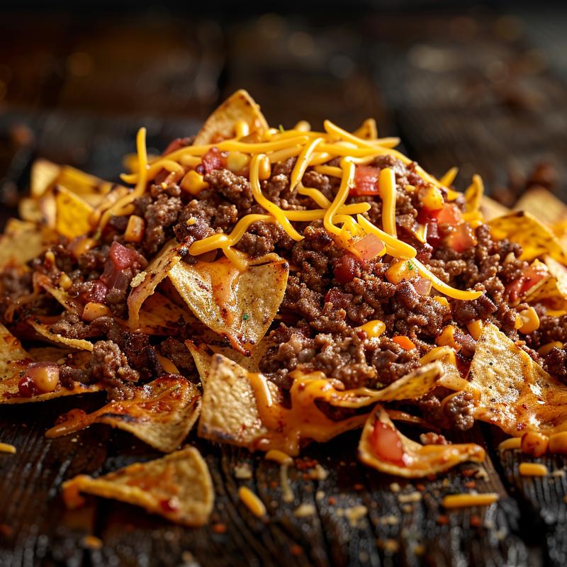 Close-up of loaded beef nachos with cheese and visible ingredients.