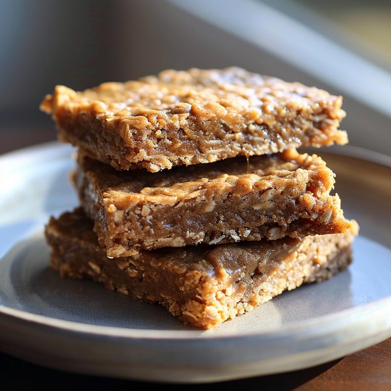 Stack of three vegan, gluten-free no-bake cookie dough bars on a light grey plate.