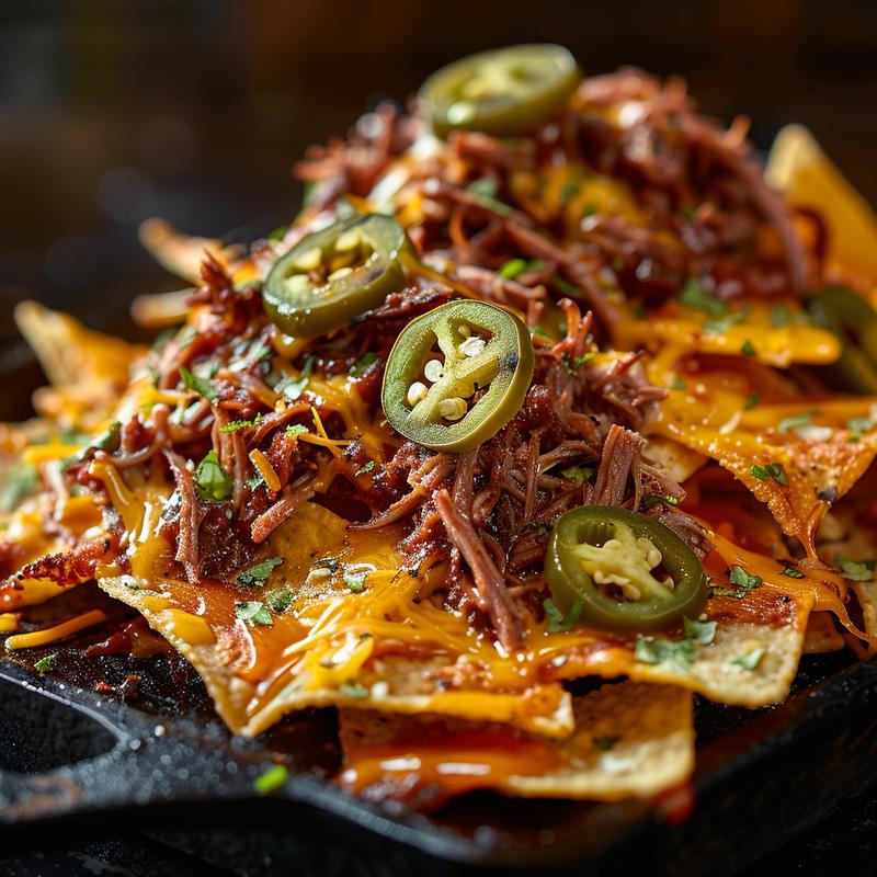 Close-up of loaded pulled pork nachos with cheese and jalapenos on a dark surface.