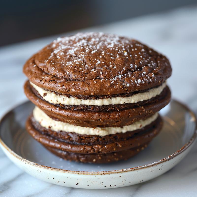 Close-up of a slice of chocolate football whoopie pie on a white surface.