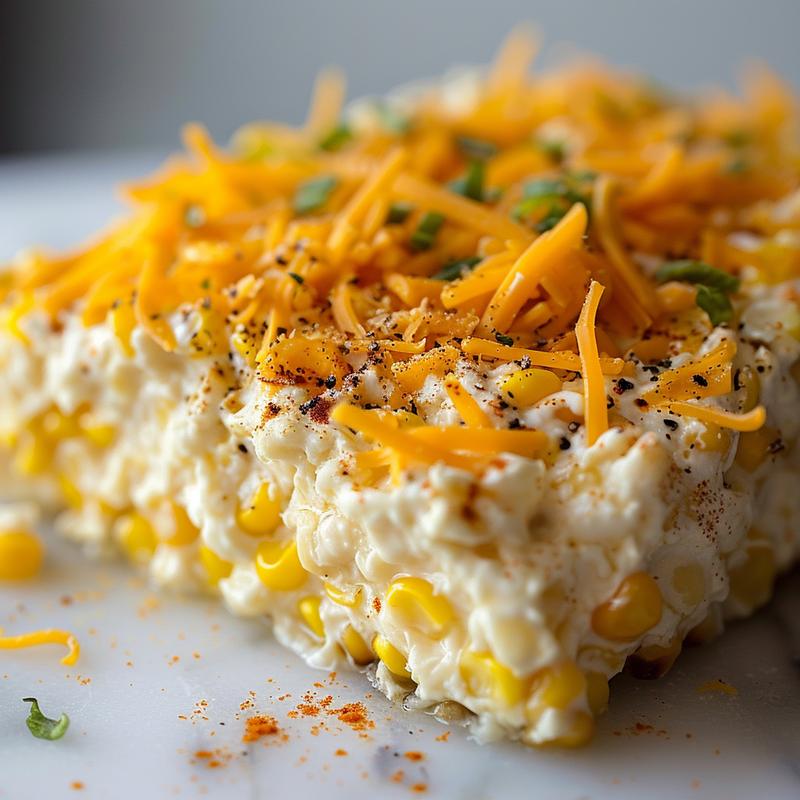 Close-up of street corn dip in a white bowl.