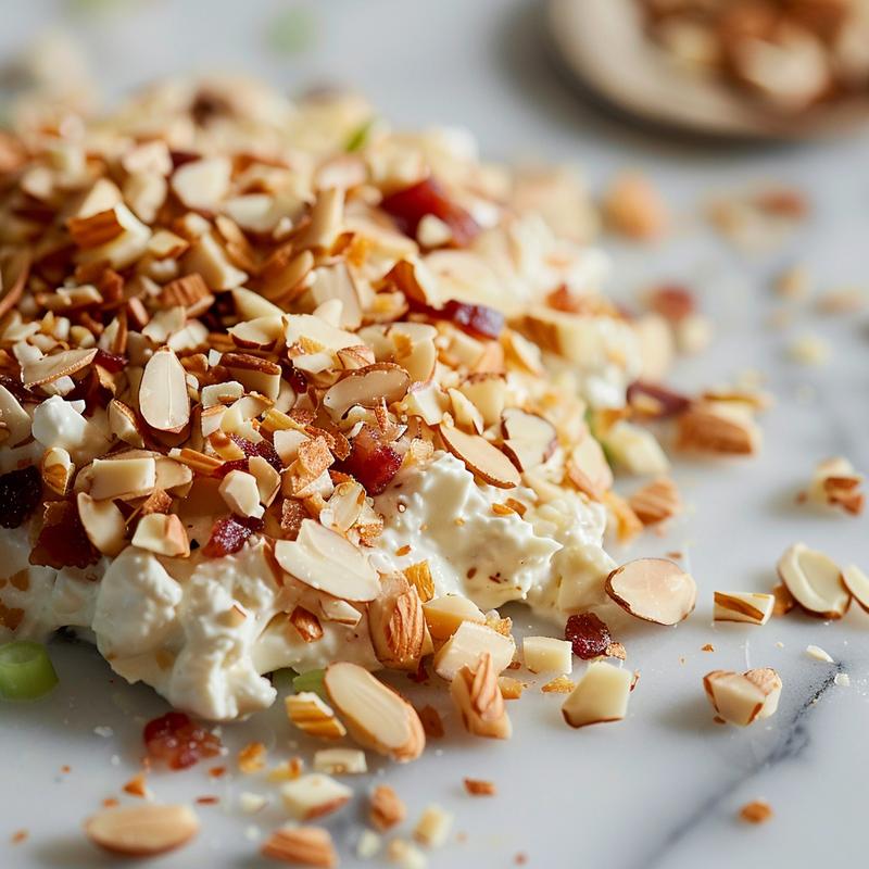 Close-up of Neiman Marcus dip showing cream cheese, bacon, almonds, and green onions.