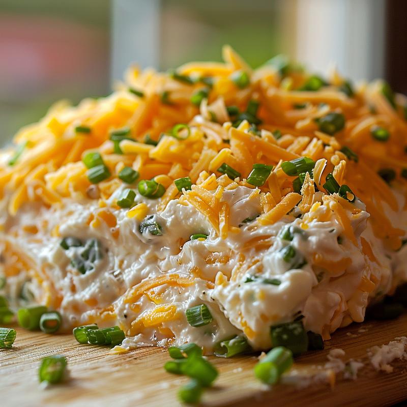 Close-up of Neiman Marcus dip with visible cheddar, green onions, and creamy base.