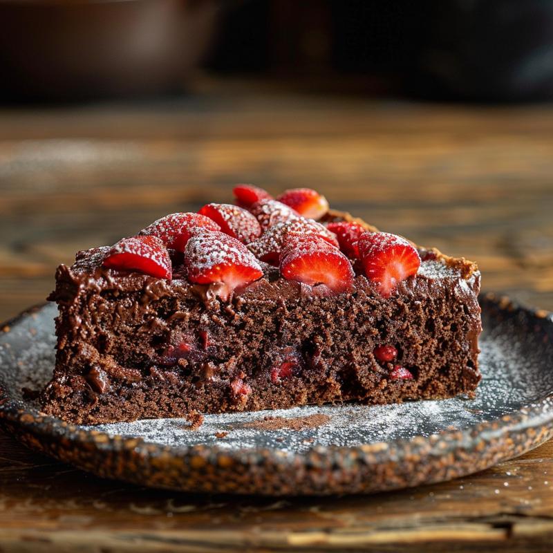 Slice of chocolate cake with strawberries on a slate plate.