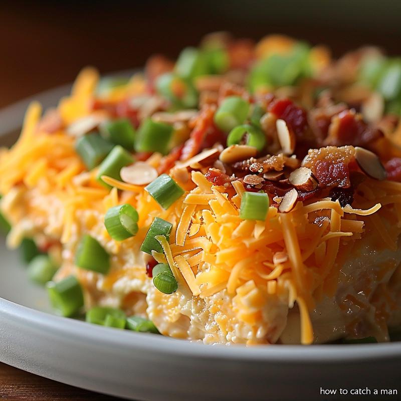 Close-up of dip with visible green onions, cheese, bacon bits, and almonds on a light grey plate.