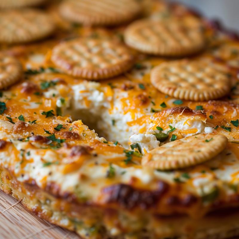 Close-up of baked jalapeño popper dip with Ritz crackers on a light wood board.