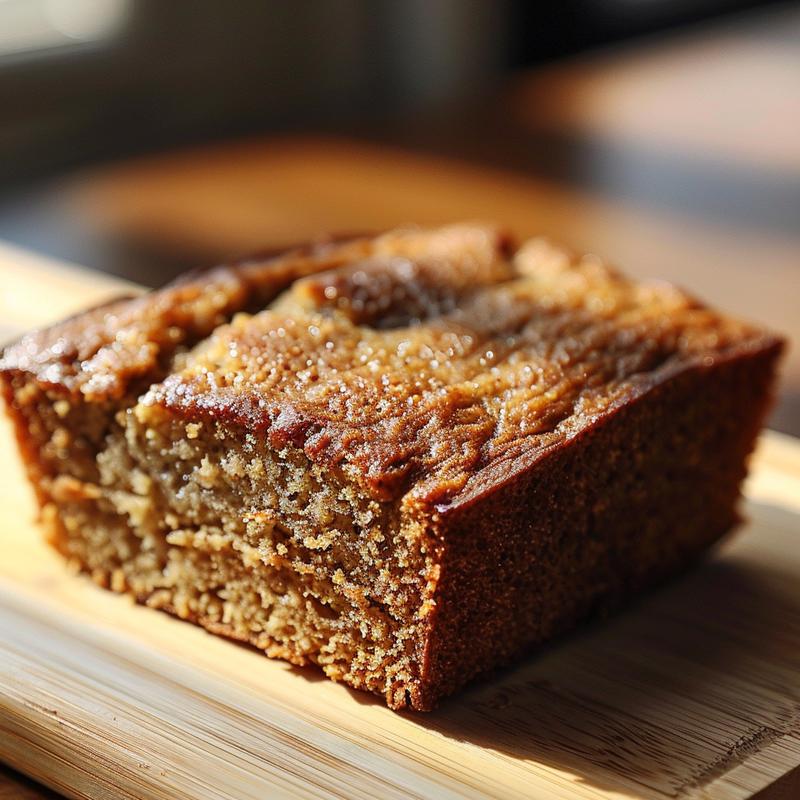 Close-up of a slice of keto banana bread on a wooden board, showing its texture and moistness.