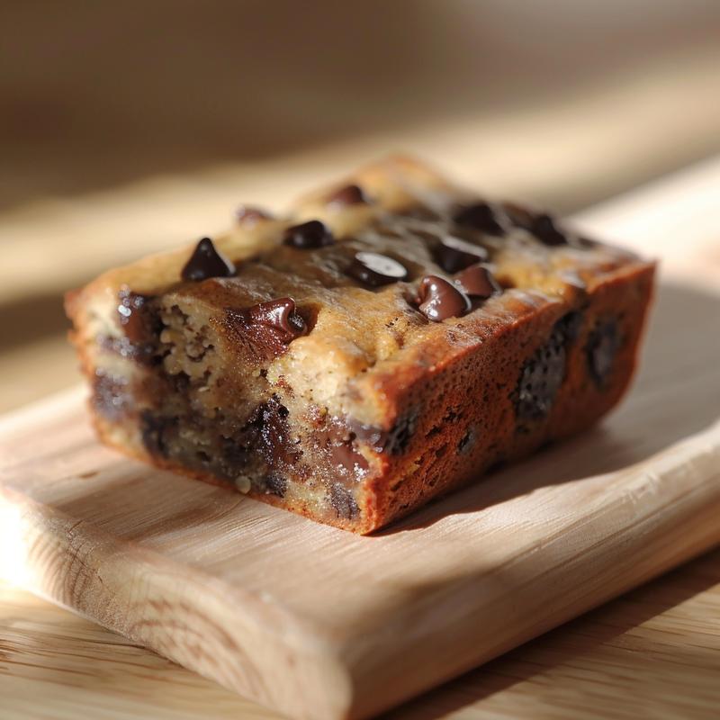 A close-up view of a slice of chocolate chip banana bread on a light wood board, showcasing its moist texture and chocolate chips.