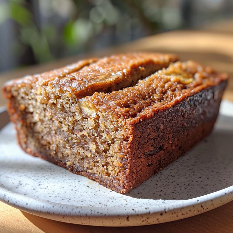 Close-up of a slice of keto banana bread on a light grey plate showcasing its moist texture.