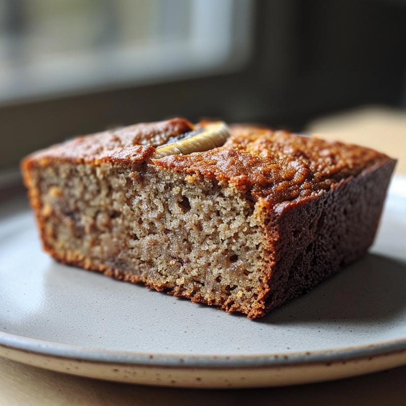 Close-up of a slice of low carb banana bread on a grey ceramic plate.