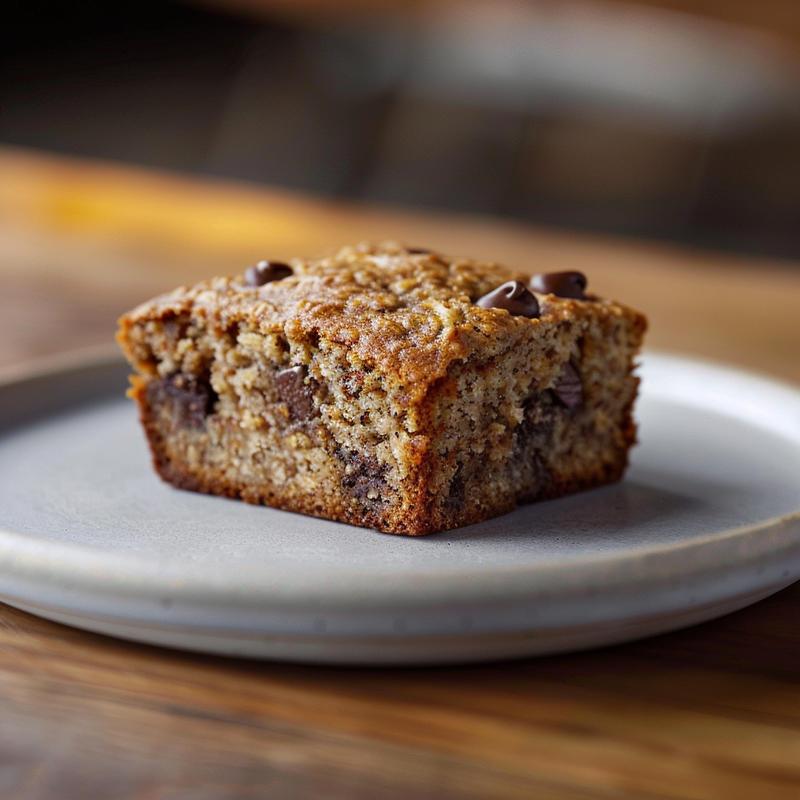 Close-up of a slice of oatmeal chocolate chip banana bread on a light grey plate.