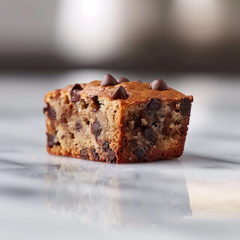 Close-up view of a slice of moist chocolate chip banana bread on a marble surface.