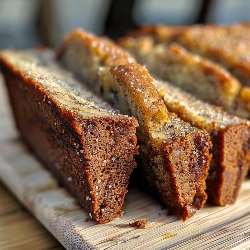 Close-up of a slice of sugar-free banana bread on a wooden board showcasing its moist texture.