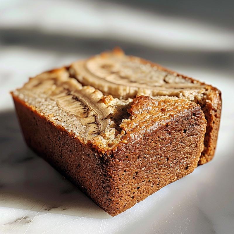 Close-up of a slice of keto banana bread with almond flour on a white marble surface.