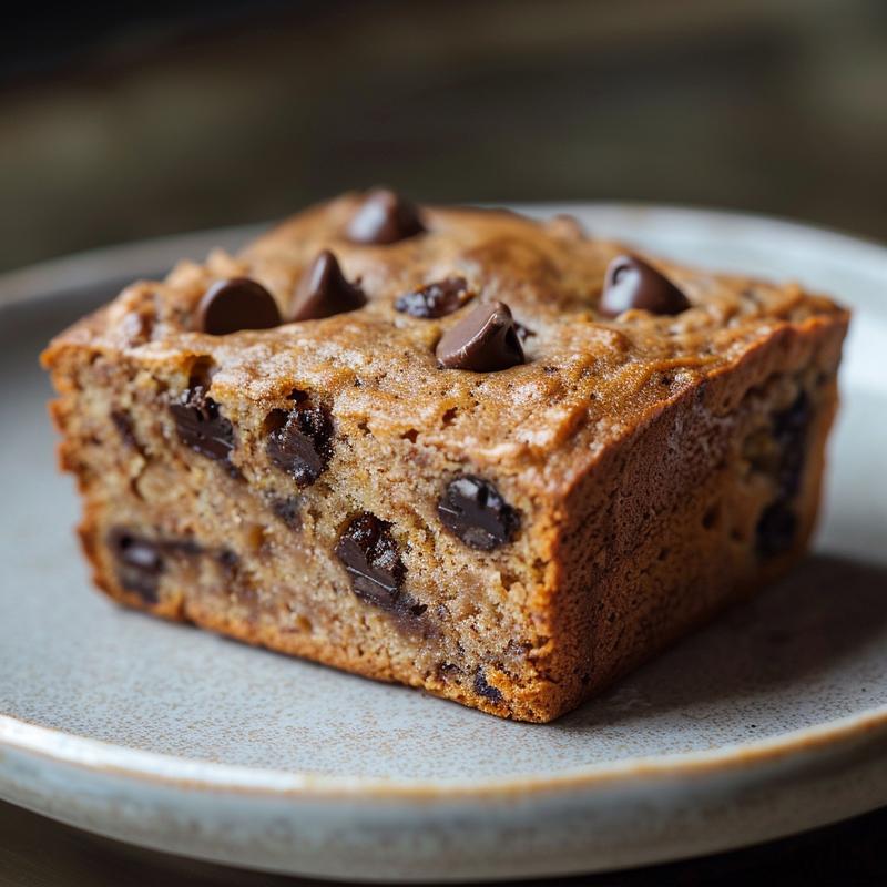 A close-up view of a slice of high protein banana bread with chocolate chips on a light grey ceramic plate.