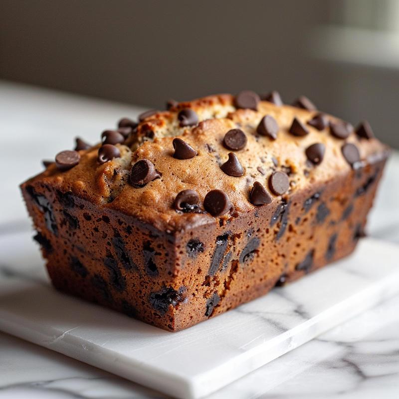 Close-up view of a slice of sourdough chocolate chip banana bread on a white marble surface.