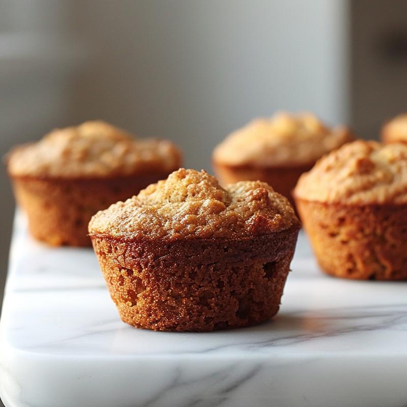 A close-up view of gluten-free banana muffins on a white marble surface, showcasing their texture and golden-brown tops.