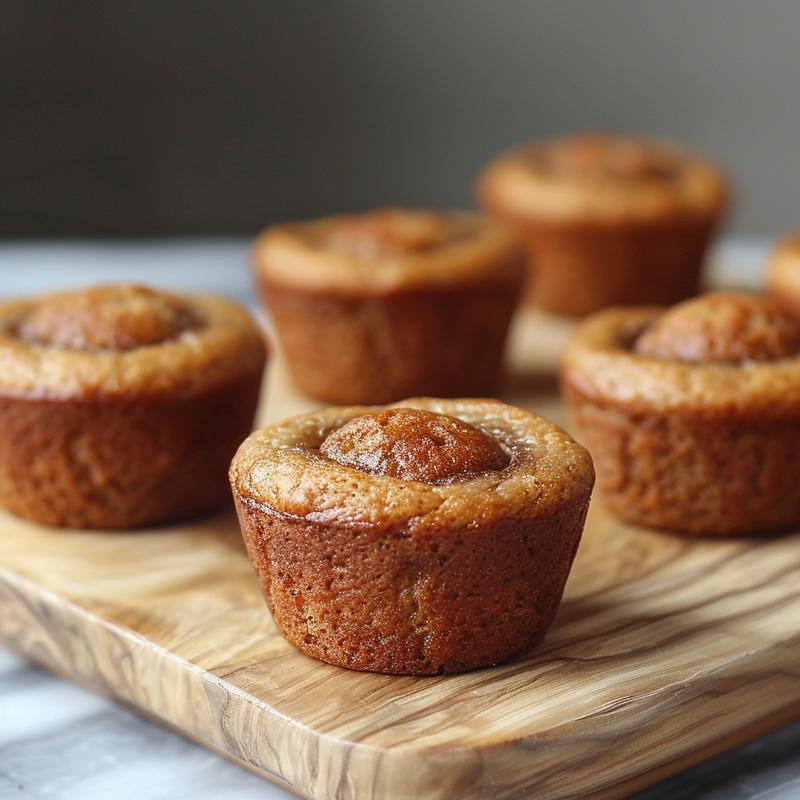 Close-up of a golden-brown banana muffin on a light wood board.