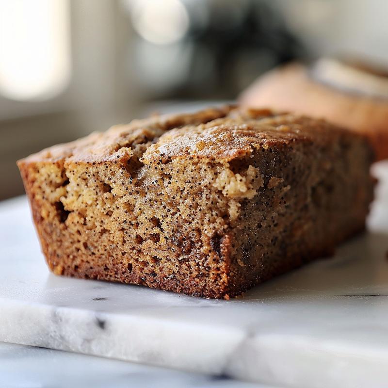 Close-up of a slice of high-protein banana bread on a white marble surface.