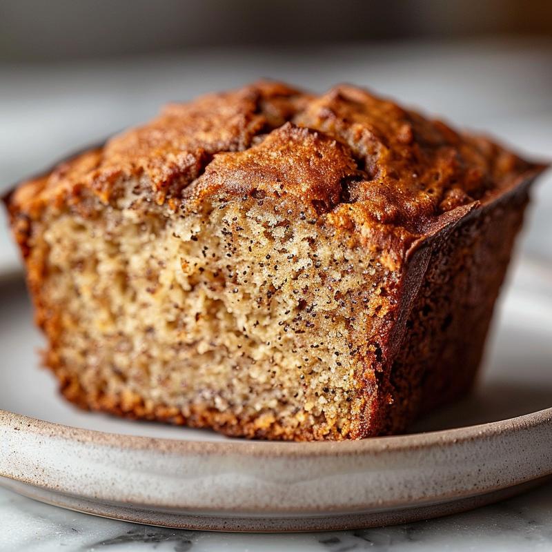 Close-up of a moist banana bread muffin on a light grey ceramic plate.