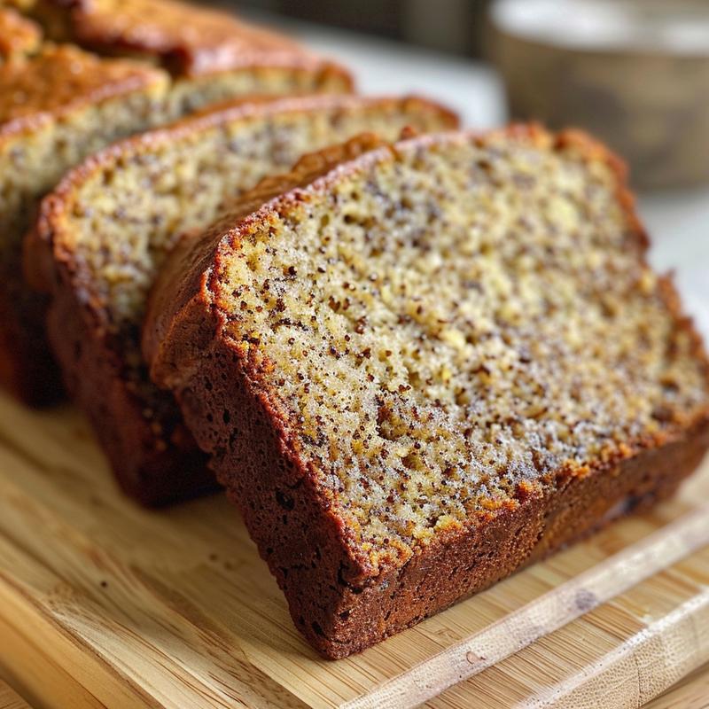 Close-up of a slice of banana bread on a light wooden board.