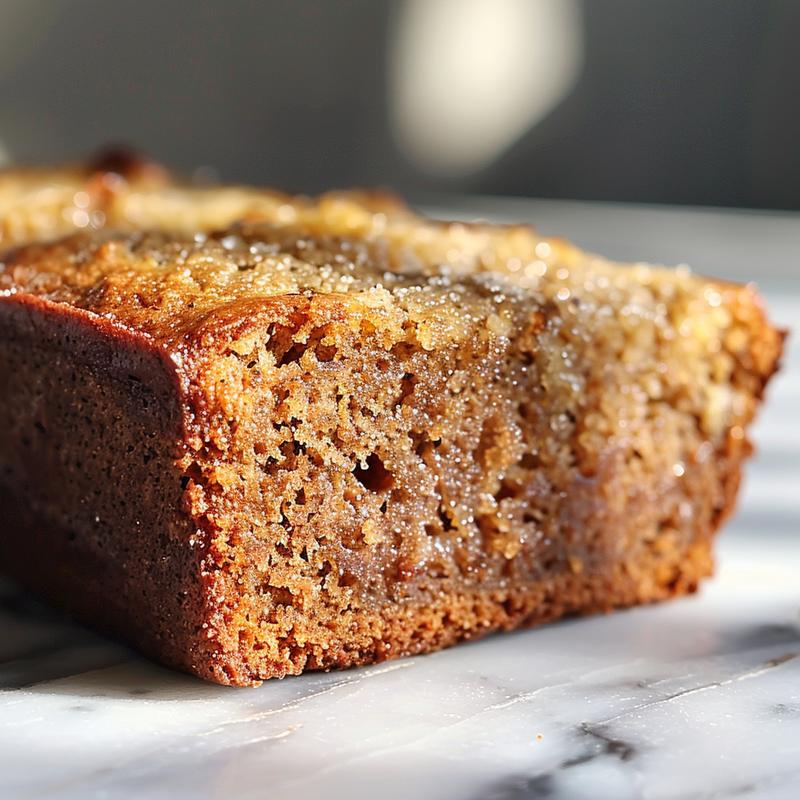 Close-up of moist banana bread slice on a marble surface, showcasing its texture.