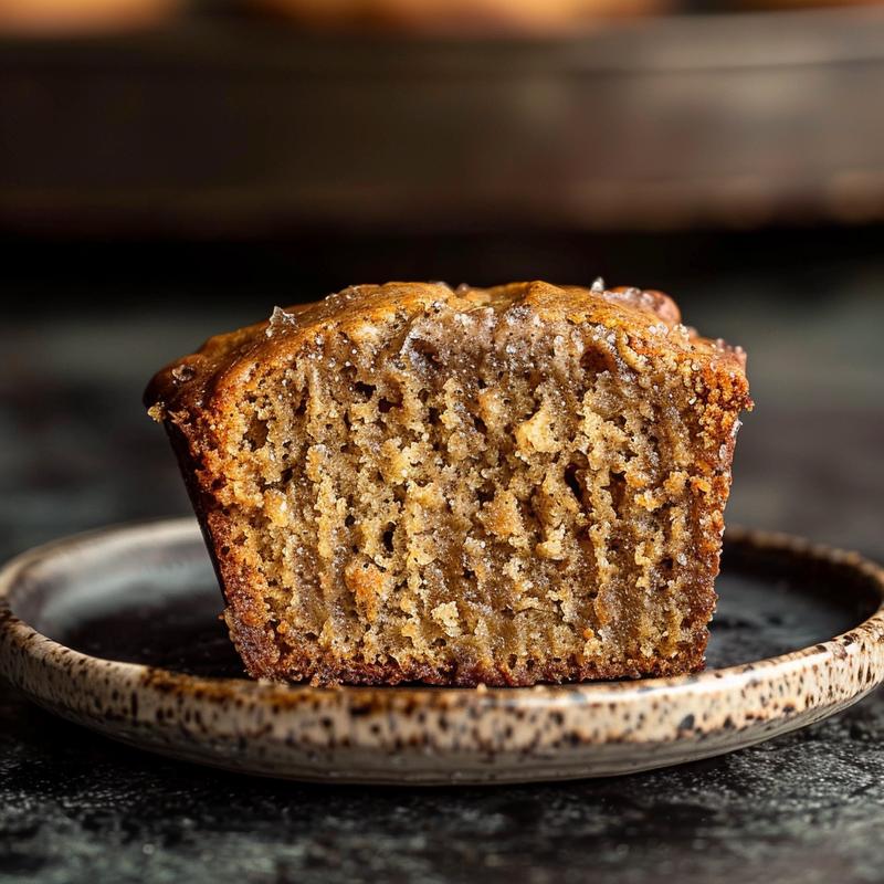 A close-up of a slice of banana bread muffin on a rustic plate, showcasing its texture.