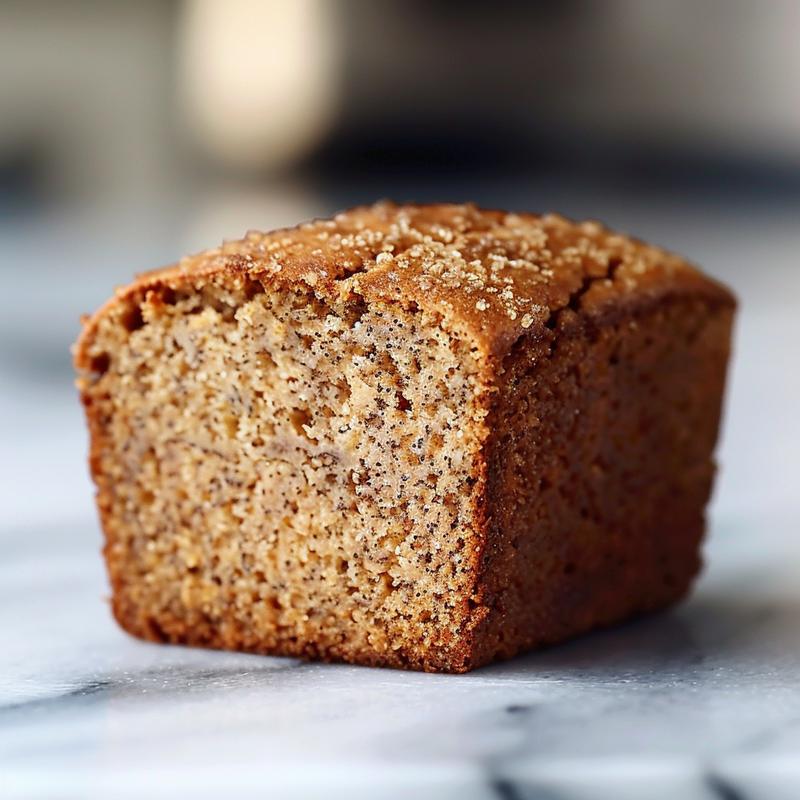 Close-up of a slice of healthy gluten-free banana bread on a white marble surface.