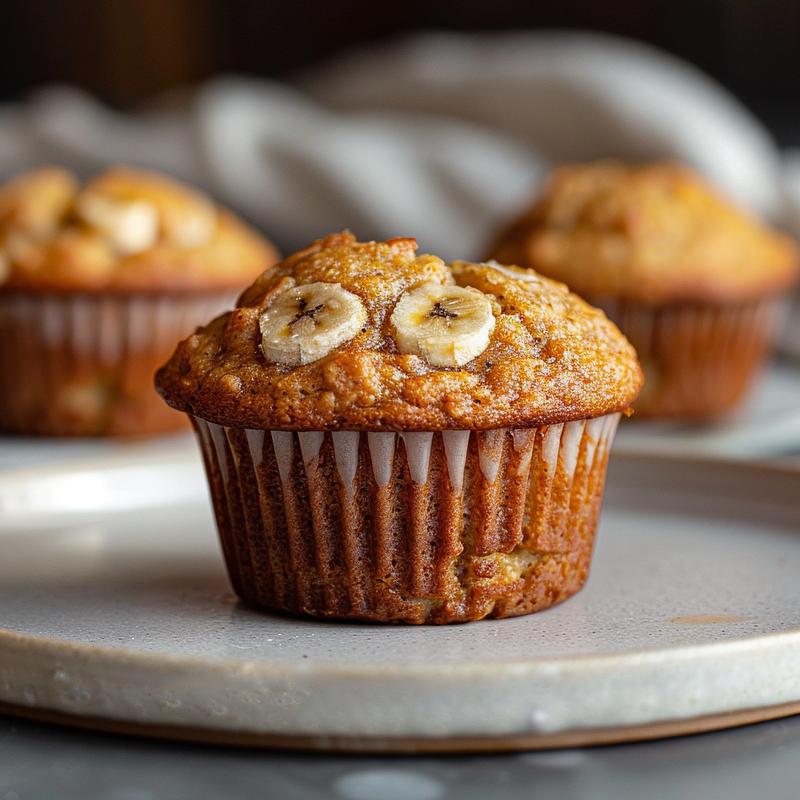 A close-up view of almond flour banana muffins on a grey ceramic plate, showcasing texture and detail.