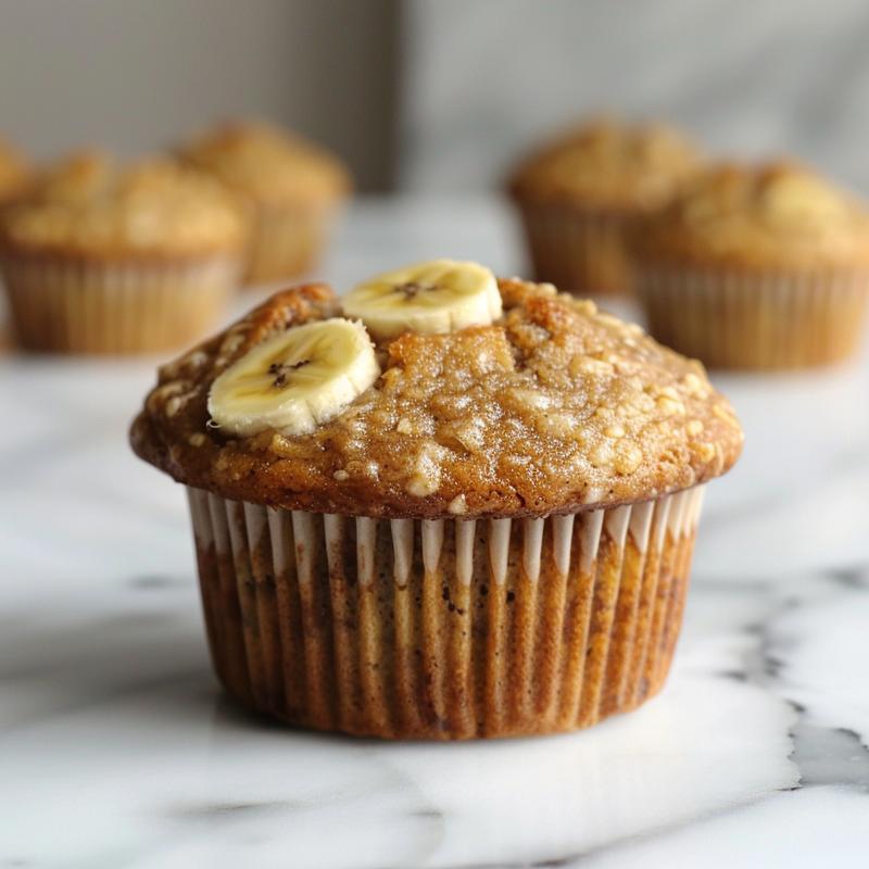 Close-up of a fluffy, golden-brown banana muffin on a white marble surface.