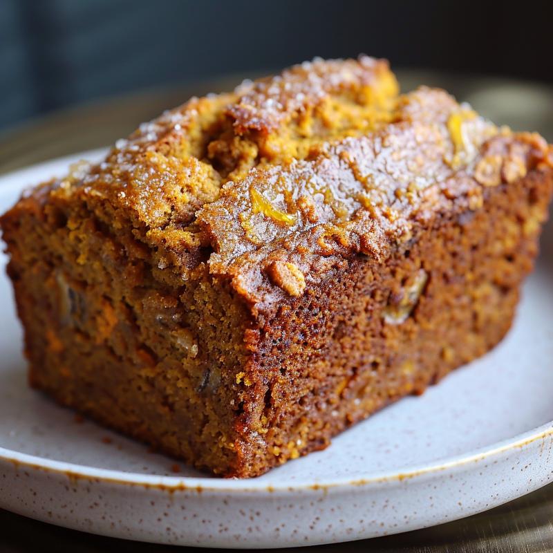 A close-up shot of a slice of brown butter pumpkin banana bread on a light grey ceramic plate.