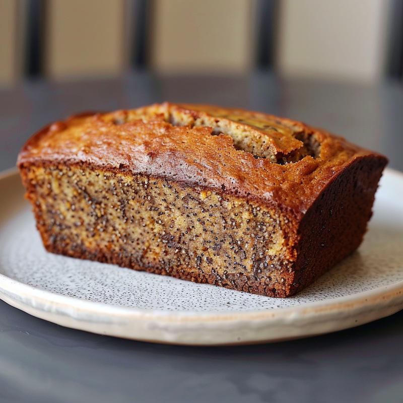 Close-up of a moist slice of banana bread on a light grey ceramic plate.