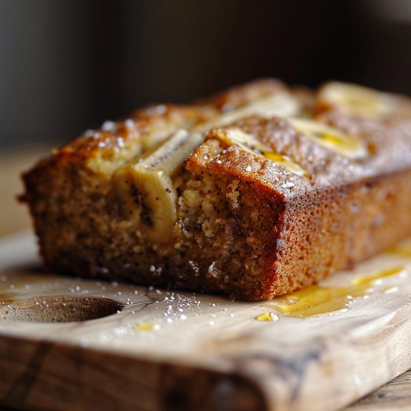 A close-up view of a moist slice of banana bread with a glossy surface, placed on a light wooden board.
