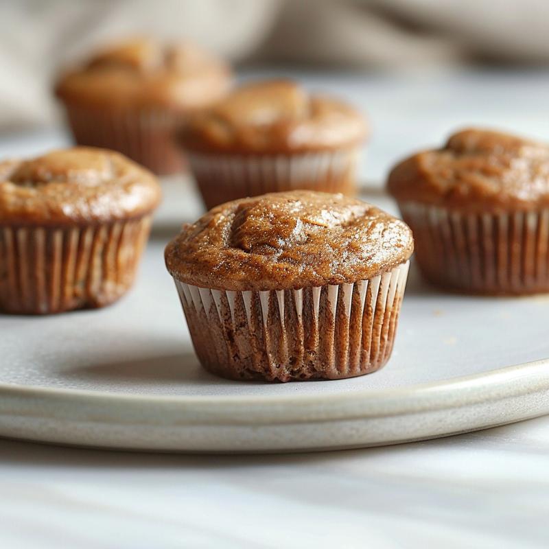 Close-up of almond flour banana muffins on a light grey ceramic plate, showcasing texture and detail.