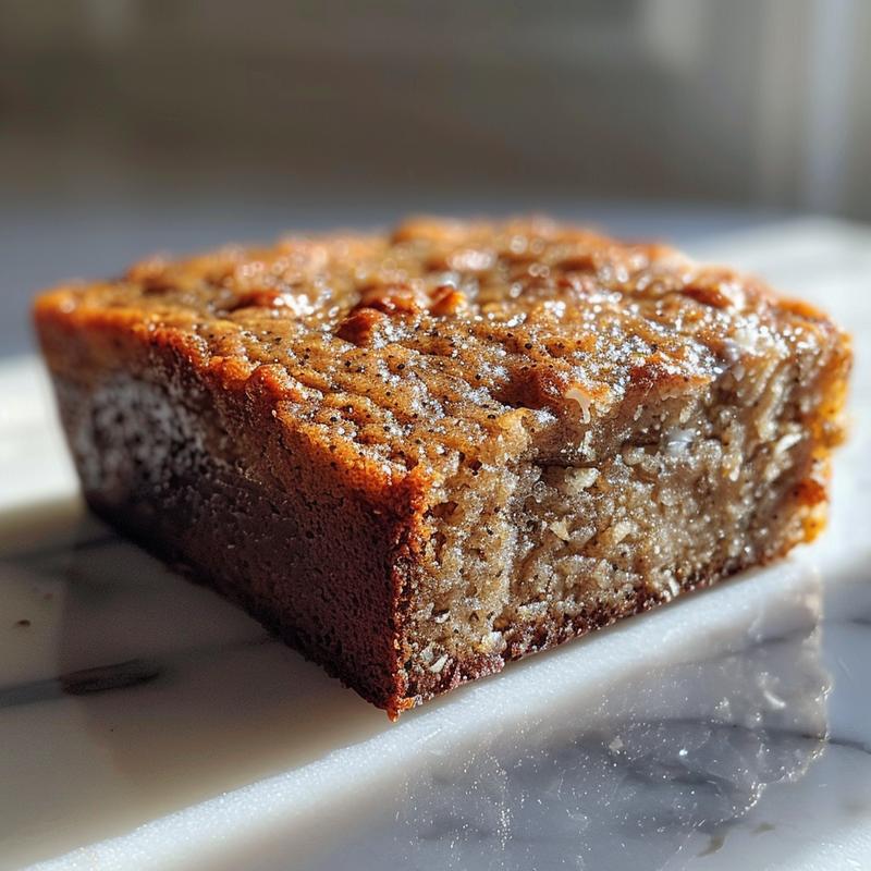 Close-up of a slice of coconut flour banana bread on a marble surface.