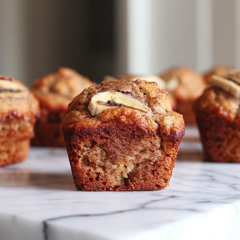 A close-up of cinnamon banana bread muffins on a white marble surface, showcasing their texture and details.