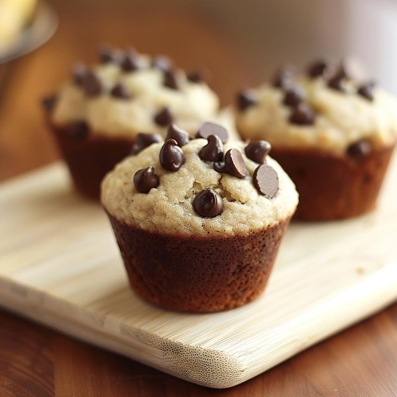 Close-up of golden-brown banana chocolate chip muffins on a wooden board.
