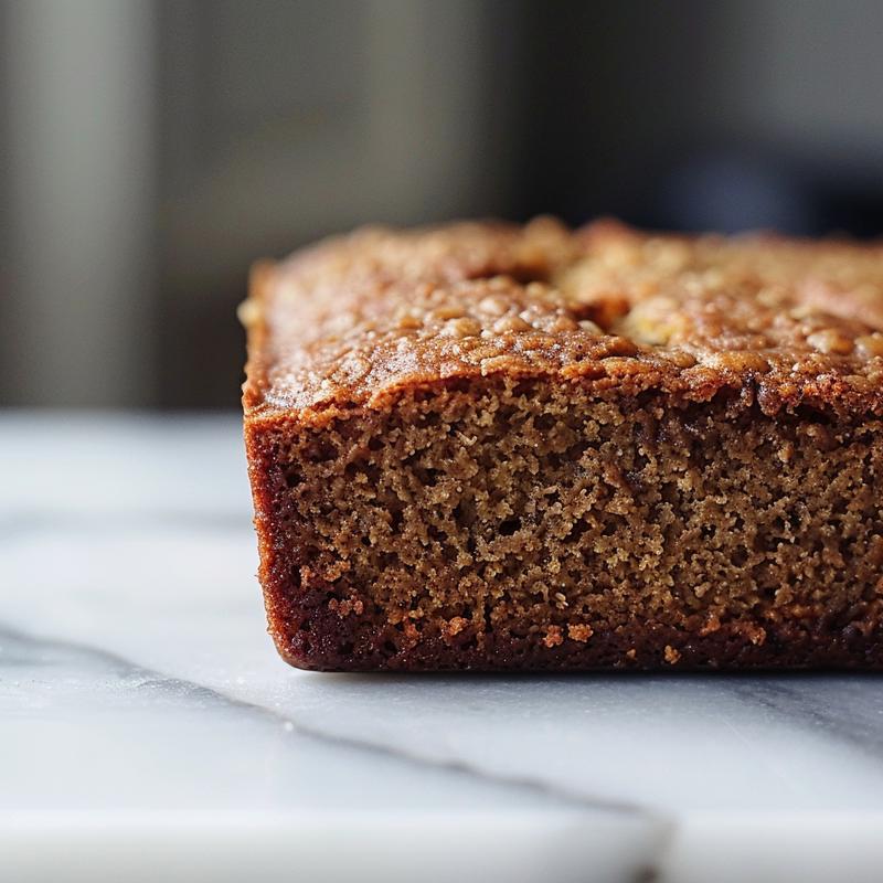 Close-up of a slice of eggless banana bread on a white marble surface.