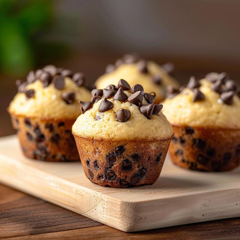 Close-up of moist sour cream banana chocolate chip muffins on a wooden board.