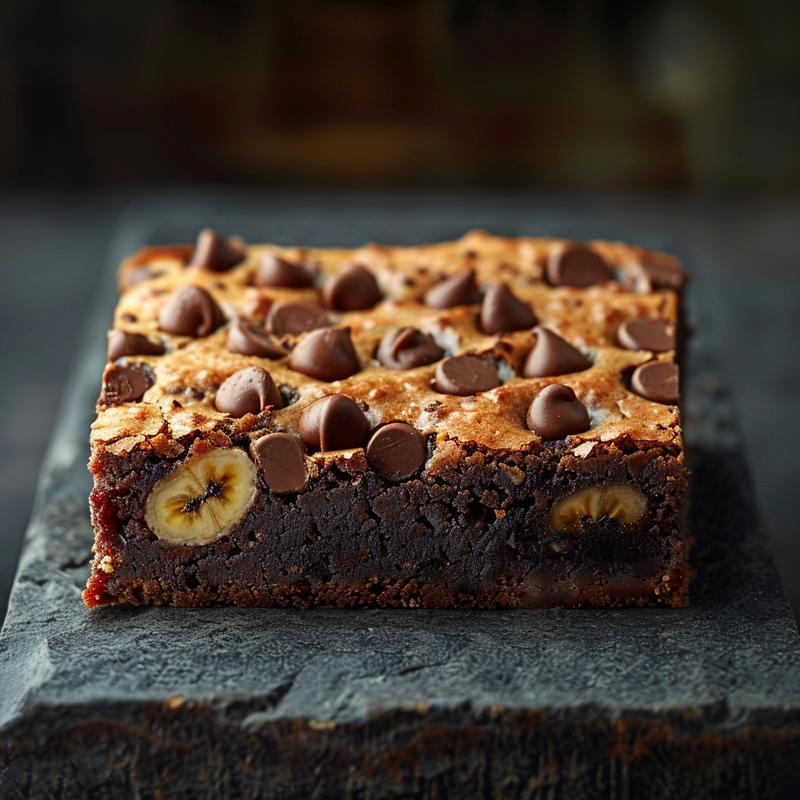 Close-up of a slice of banana bread brownies on a dark stone countertop, showcasing its rich texture and color.