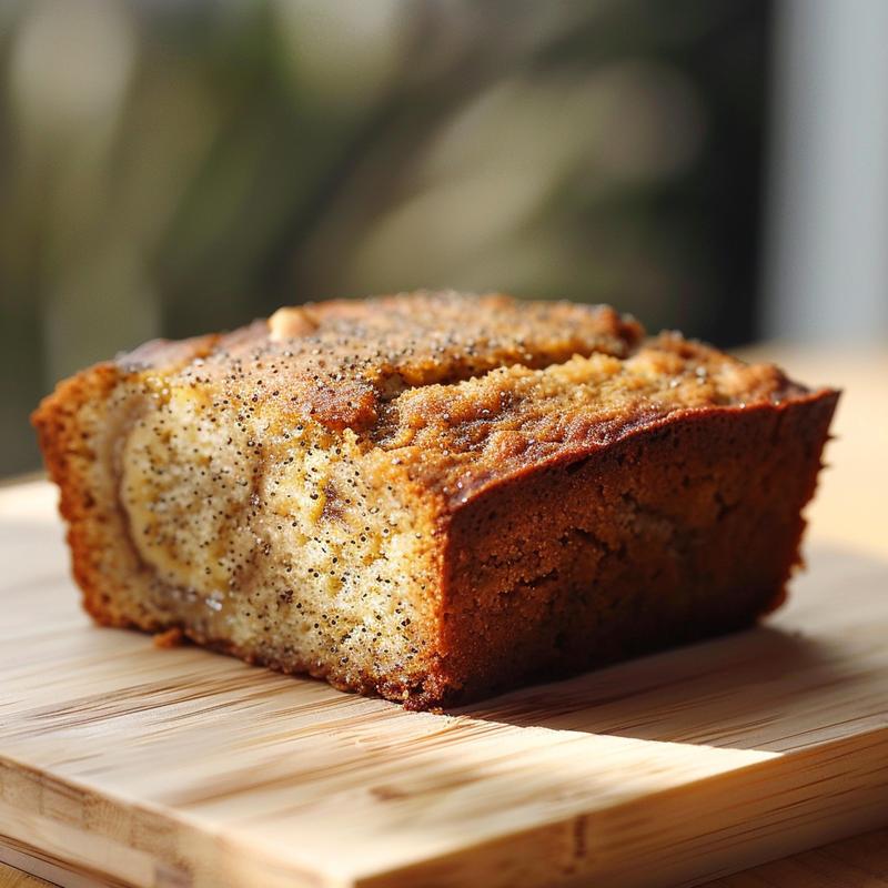 A slice of keto banana bread made with almond flour on a light wood board, showcasing its moist texture.